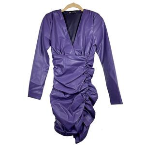 Zara purple faux leather body con ruched dress long sleeved size XS baddie flare